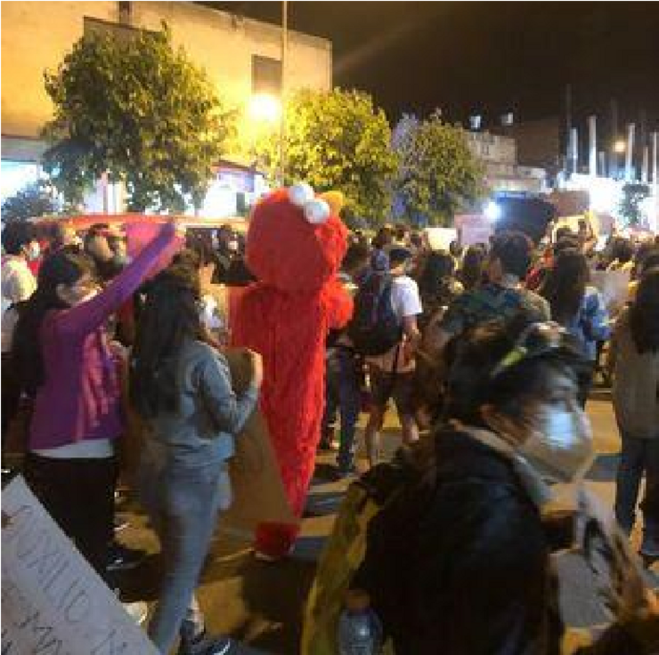 Young Peruvian dressed as Elmo from the meme “Elmo Rise” on the streets of Arequipa during the protests of November 2020. Credits: Adriana Garcés, personal archive.
