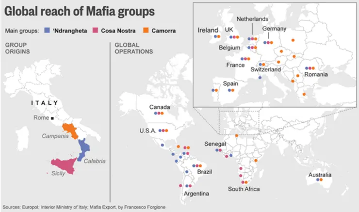 A Map depicting the presence of mafia groups around the globe
