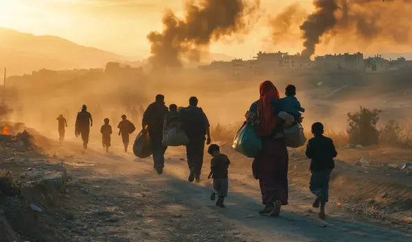 A group of refugees fleeing a war-torn city,