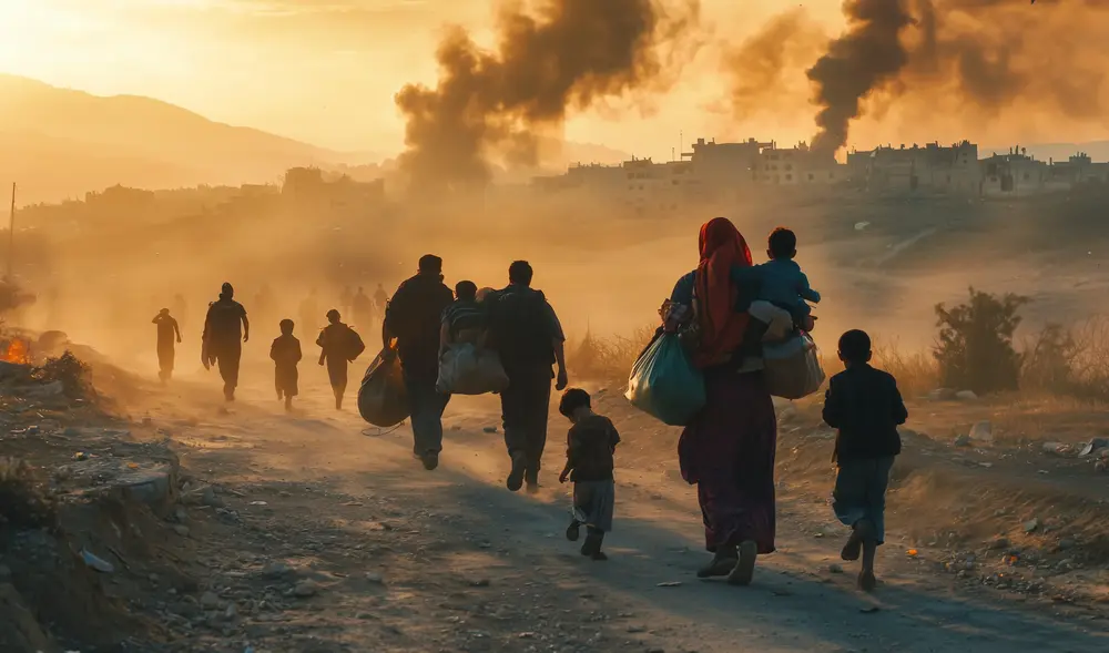 A group of refugees fleeing a war-torn city,